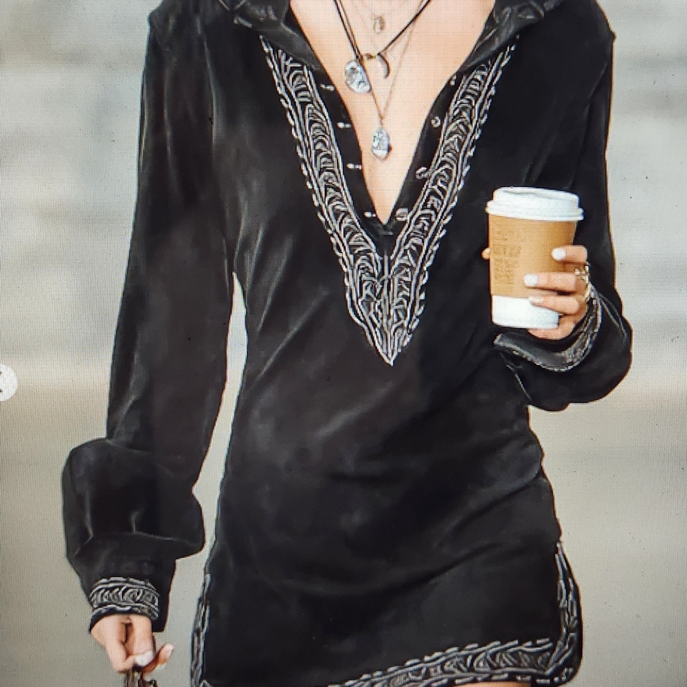 Vintage Faux Suede Embroidered Collar Mini Dress